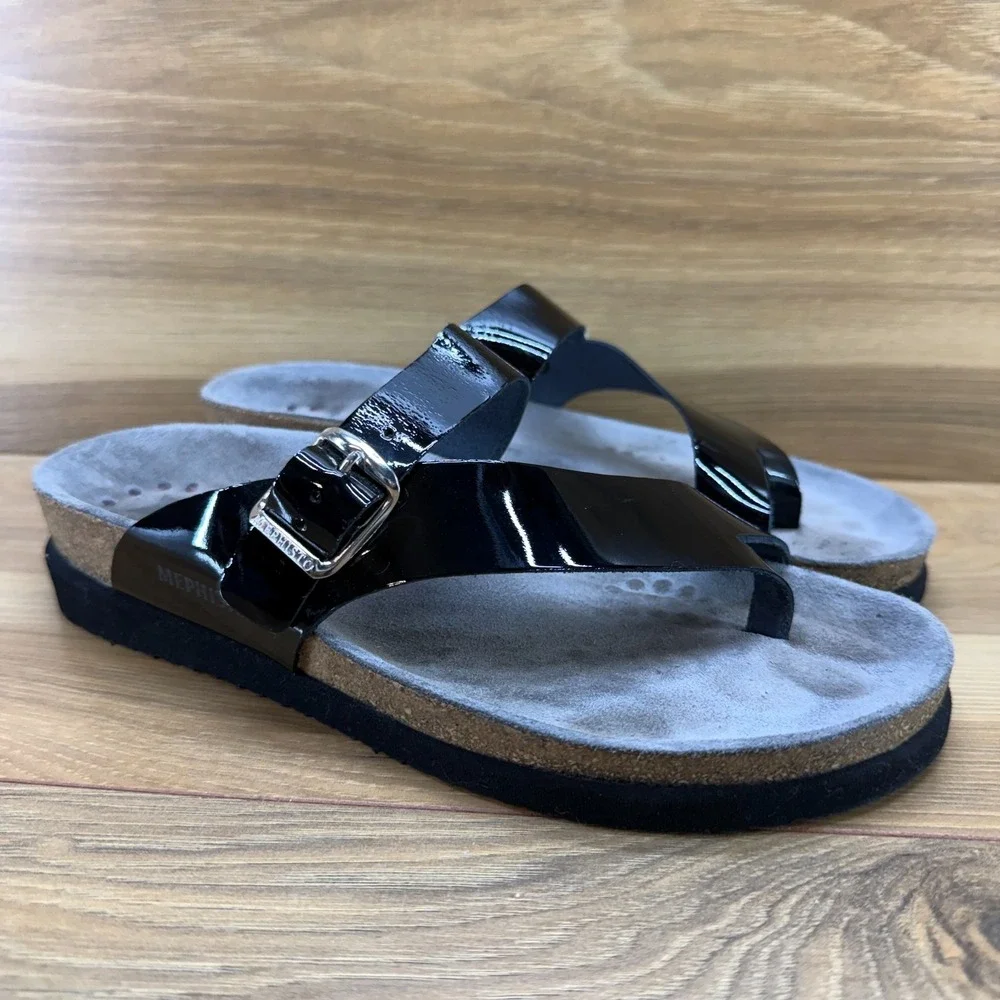 Mephisto Helen Sandals Womens 7 EU 37 Black Patent Leather Travel Vacation Walk